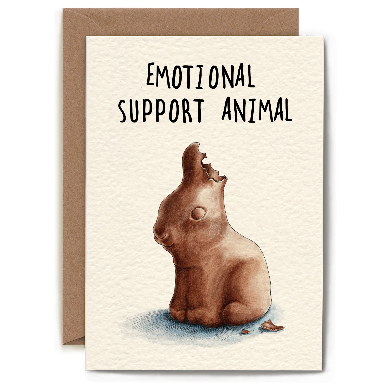 Emotional Support Animal Card by Bewilderbeest that features a chocolate bunny with a bitten ear.