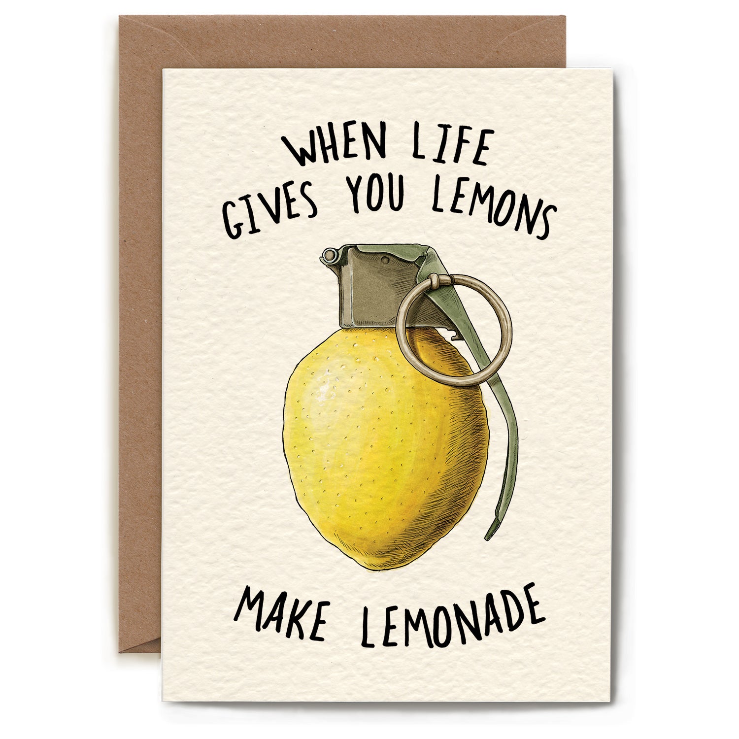 Lemonade Card by Bewilderbeest, featuring a lemon grenade with words the words &quot;When life gives you lemons, make lemonade&quot;.