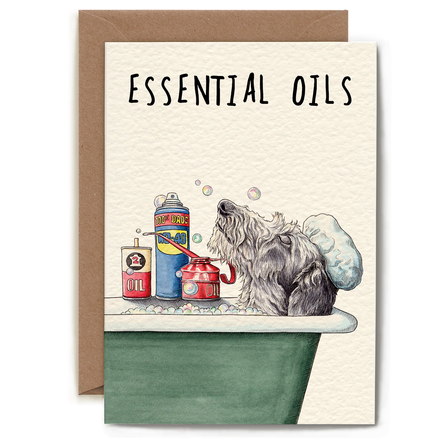 Cheeky and witty Essential Oils Card featuring a whimsical illustration of a dog&