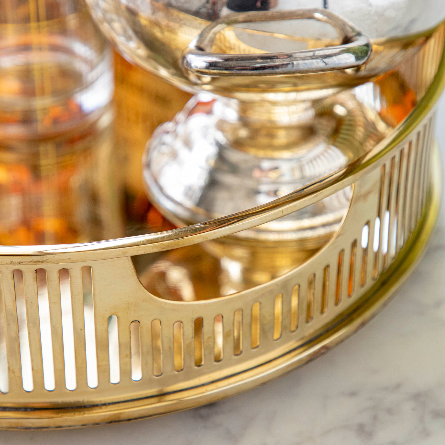 close up of brass oval tray