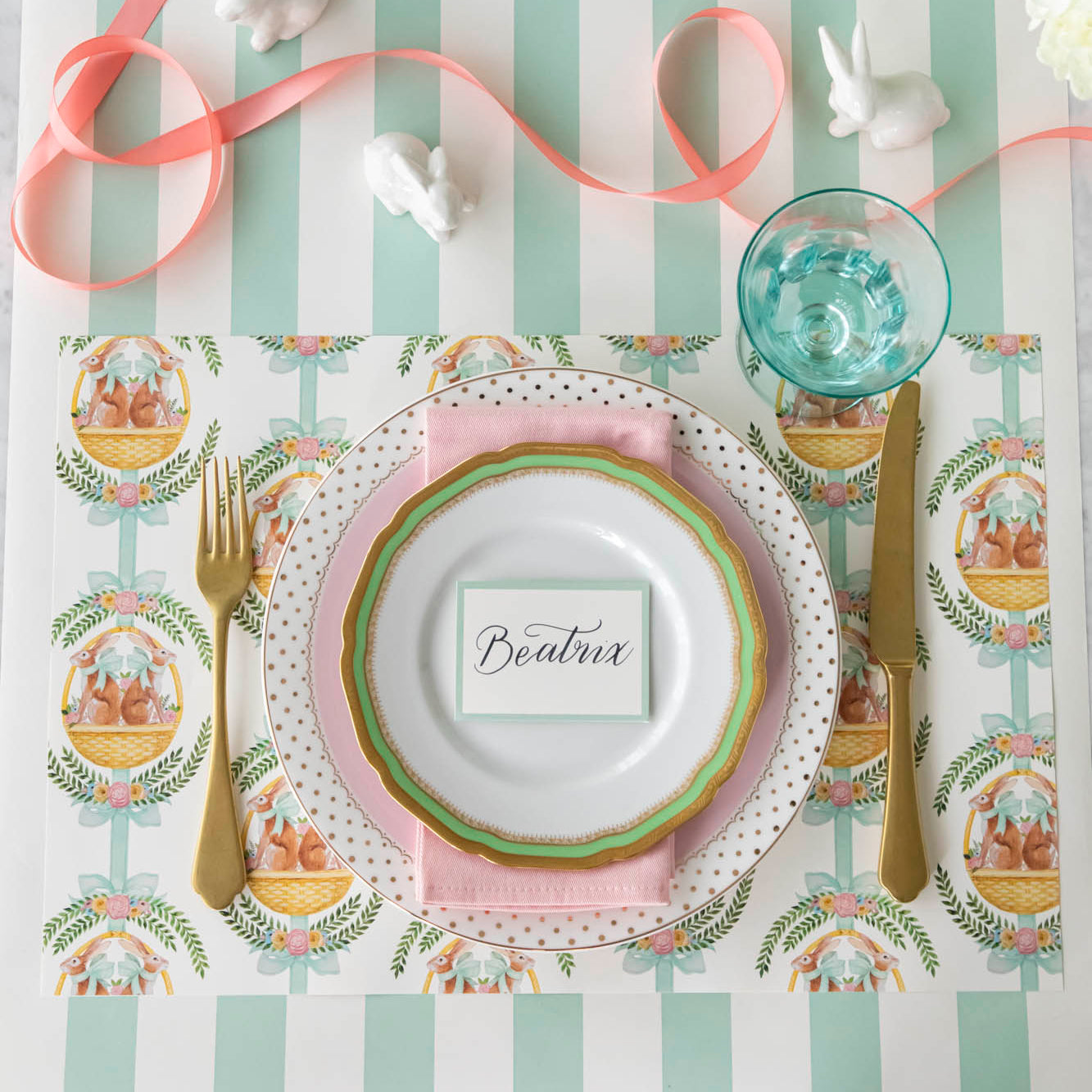 Laurel Bunny Baskets Placemat under a spring themed place setting.