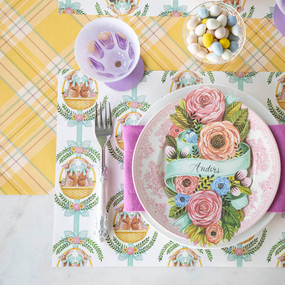 Yellow Plaid Runner under an Easter and spring themed table setting for one.