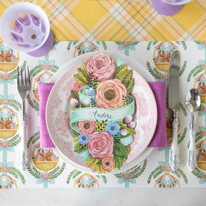 Laurel Bunny Baskets Placemat under a spring themed place setting.