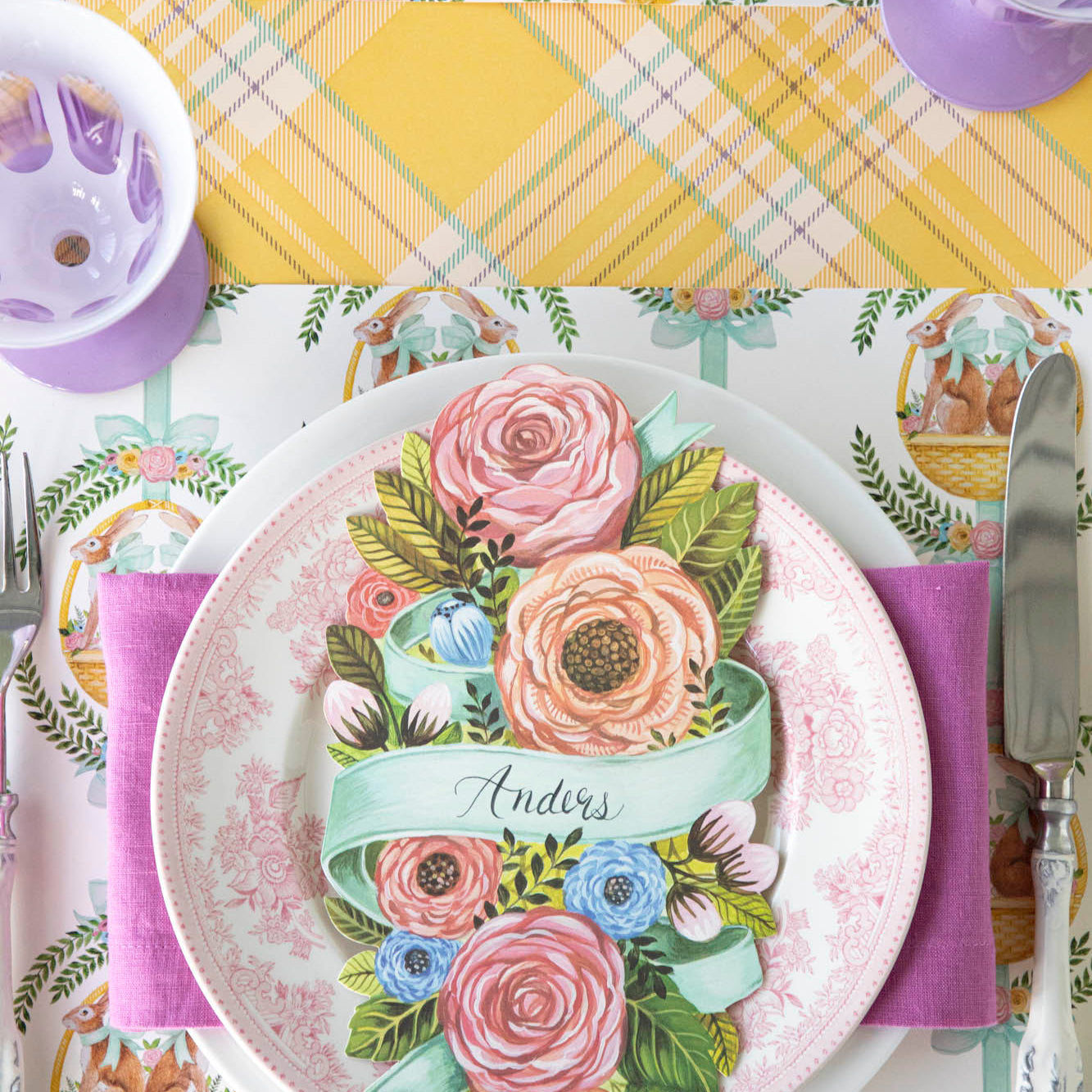 Yellow Plaid Runner under Spring themed place setting for one.