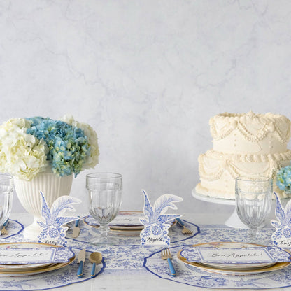 An elegant tablescape featuring the Blue Regal Peacock Runner.