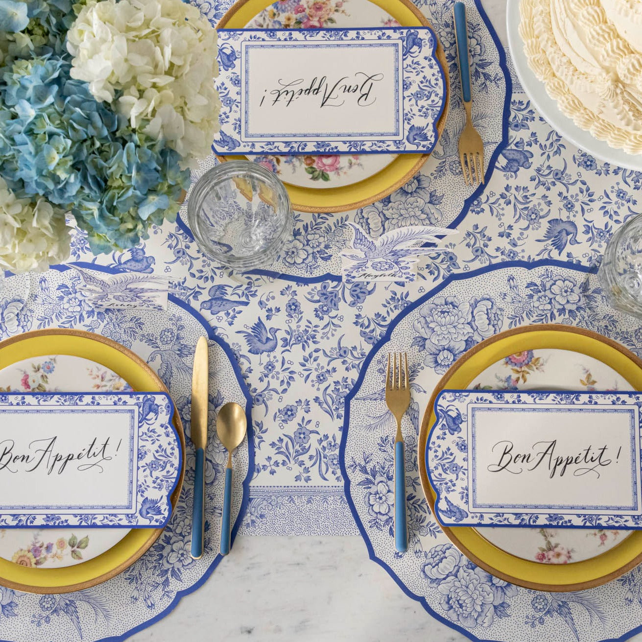 The Blue Regal Peacock Runner under an elegant table setting, from above.