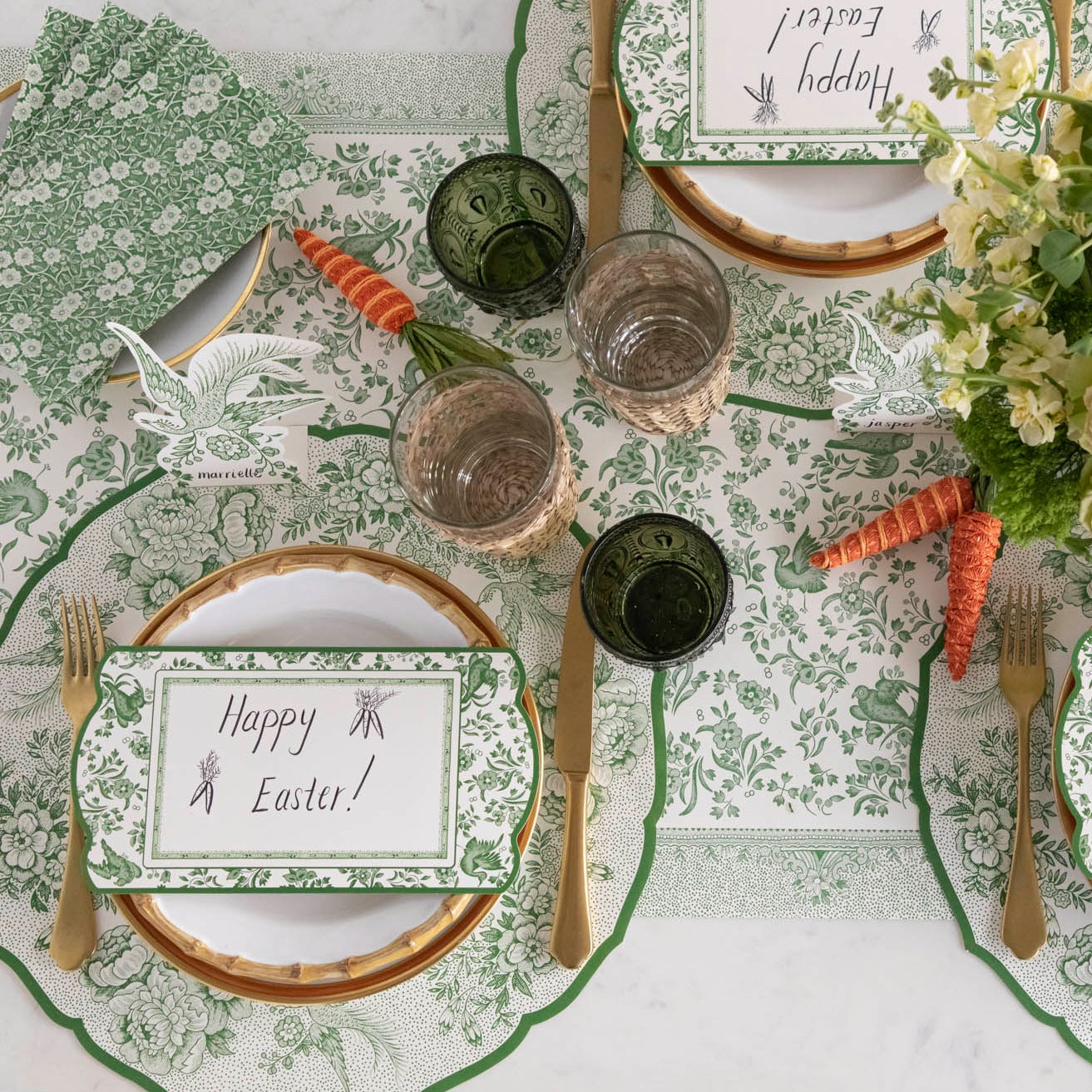 The Die-cut Green Asiatic Pheasants Placemat in an elegant Easter-themed table setting, from above.