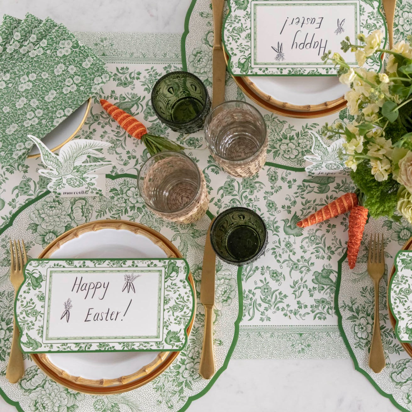 The Green Regal Peacock Runner under an elegant Burleigh table setting, from above.