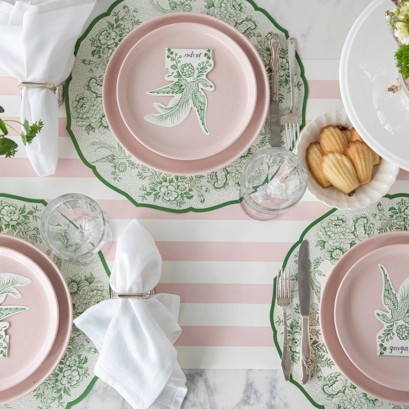 The Die-cut Green Asiatic Pheasants Placemat in an elegant table setting, from above.