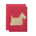 A red card featuring the silhouette of a scottie dog in solid gold leaf.