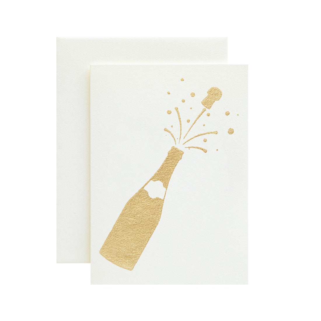 A white card with the silhouette of a champagne bottle with the cork popping in a spray of bubbles, in solid gold leaf.
