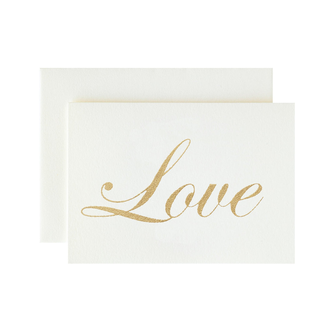 A white card with &quot;Love&quot; written in a beautiful script in solid gold leaf.