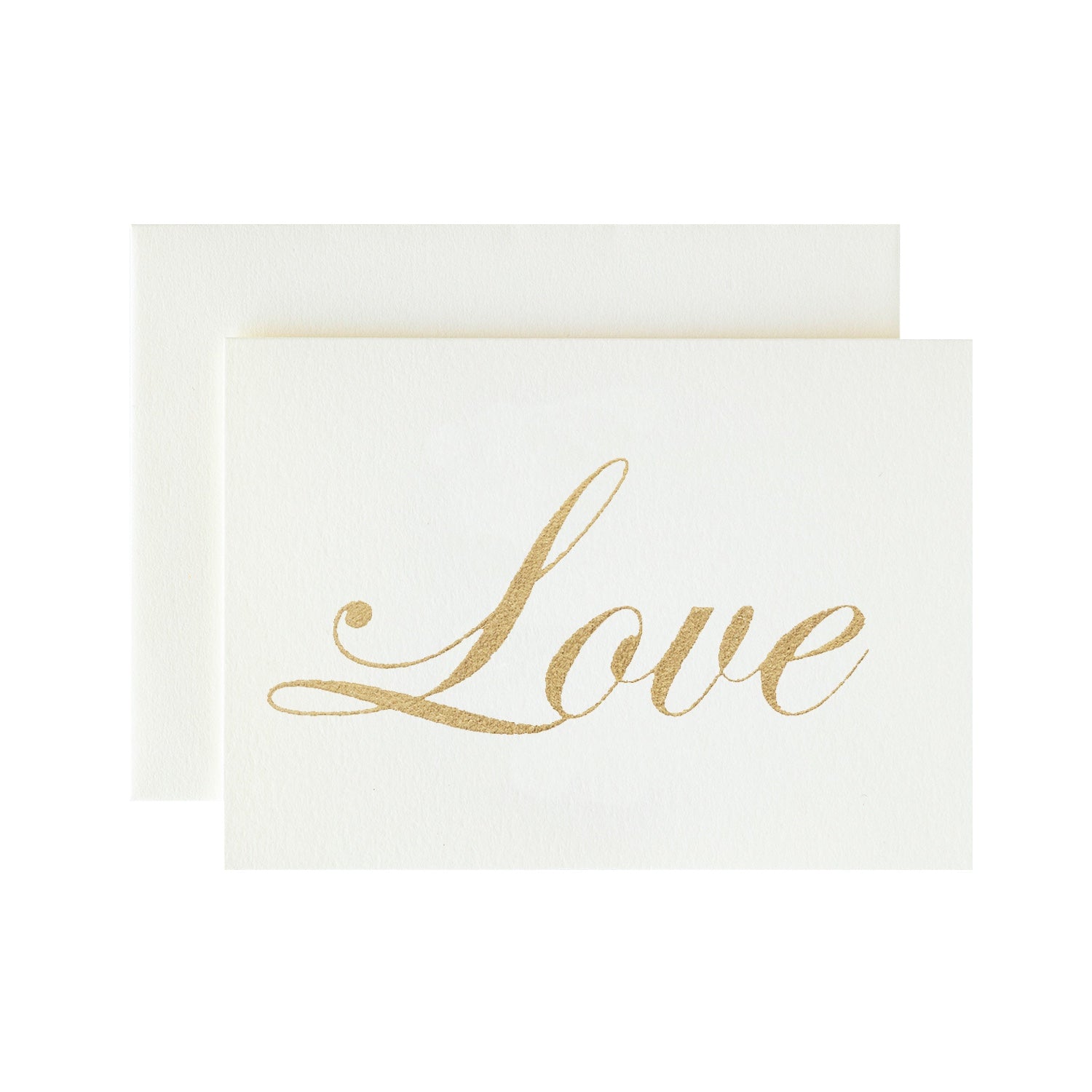 A white card with &quot;Love&quot; written in a beautiful script in solid gold leaf.