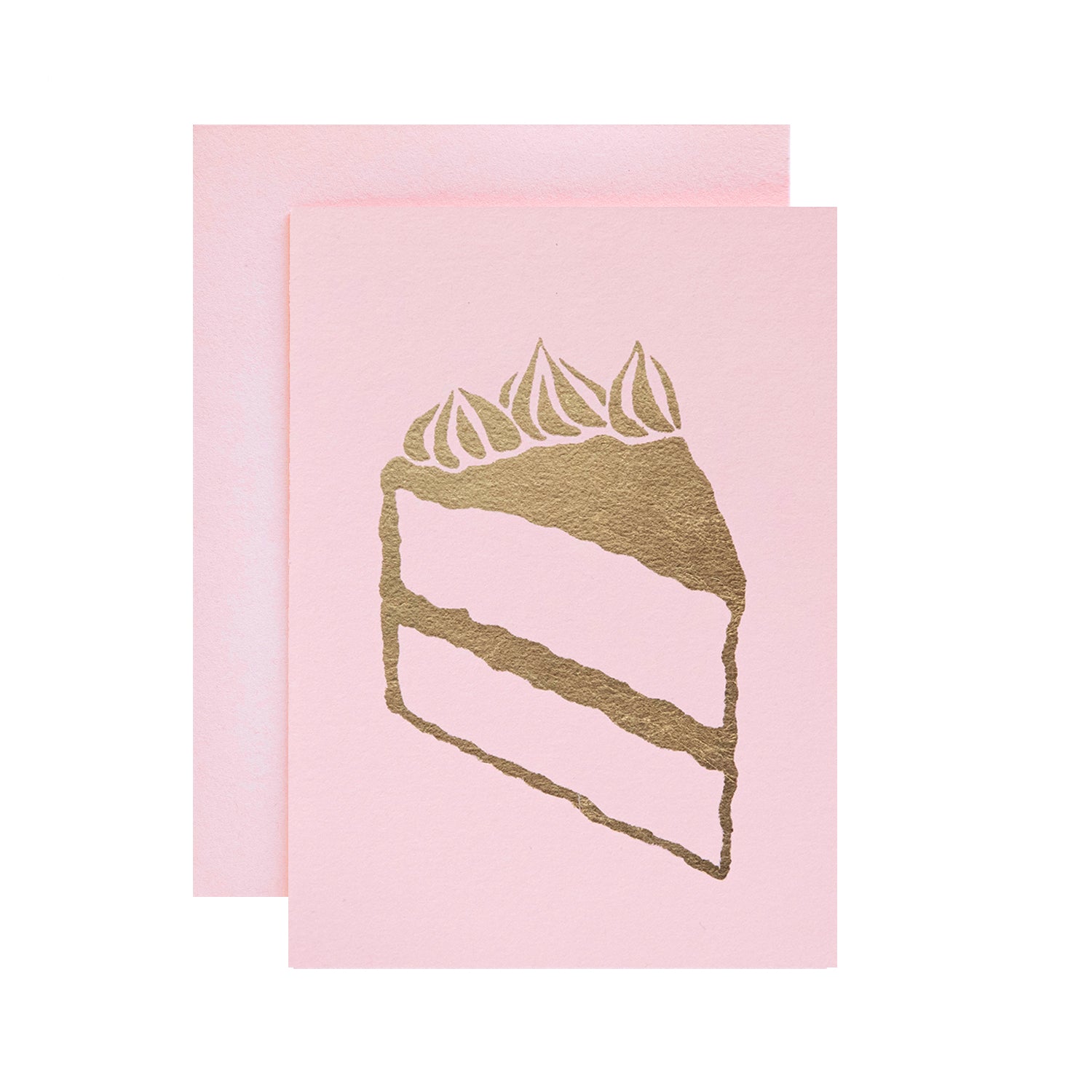 Light Pink Cake Slice Card by Catherine Greenup featuring a gold-leafed cake slice on a light pink background with matching envelope.