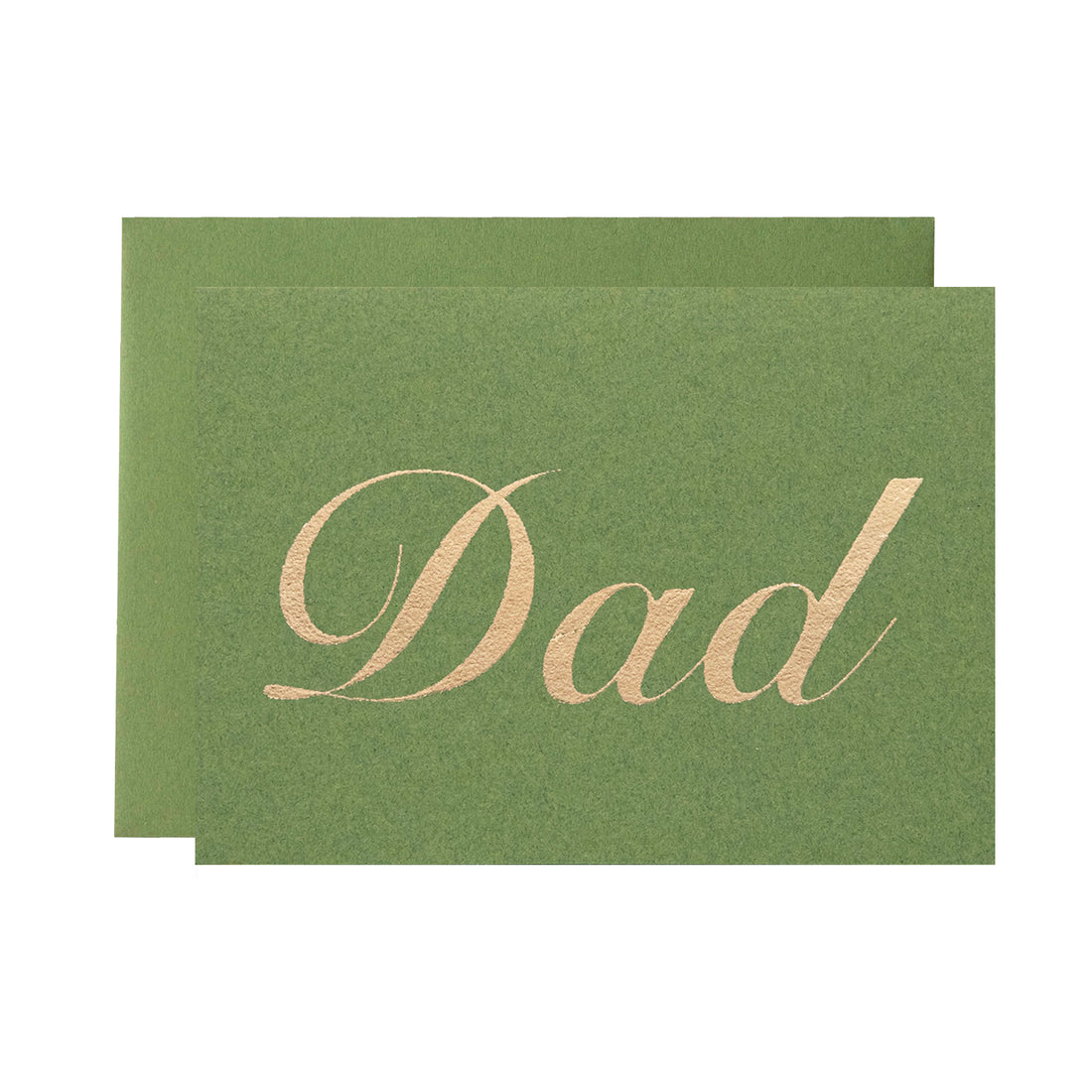 Green Dad Card by Catherine Greenup of the word &quot;Dad&quot; in gold foil lettering, on a green card with a matching envelope.