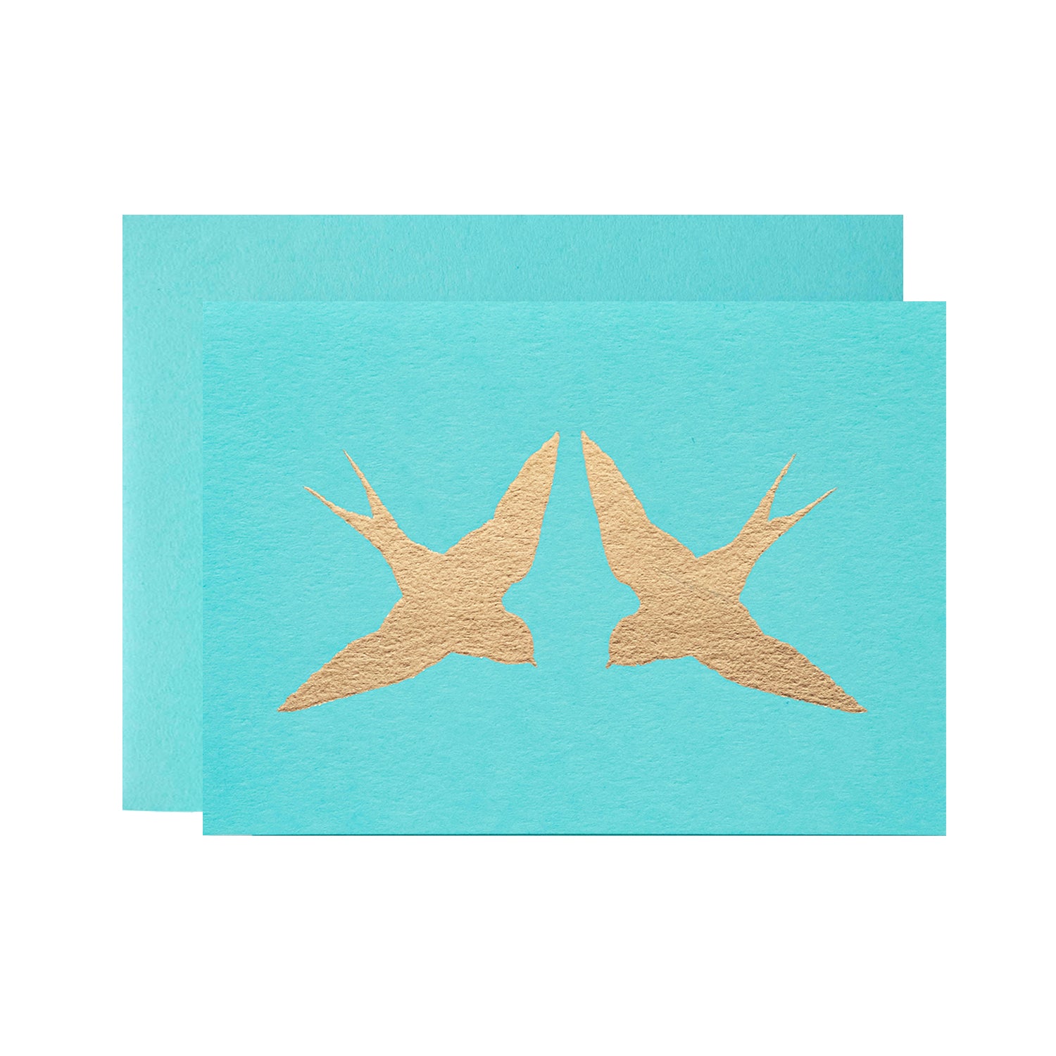 Blue Swallows Card by Catherine Greenup of gold-foil Swallows silhouettes, on a blue card with a matching envelope.