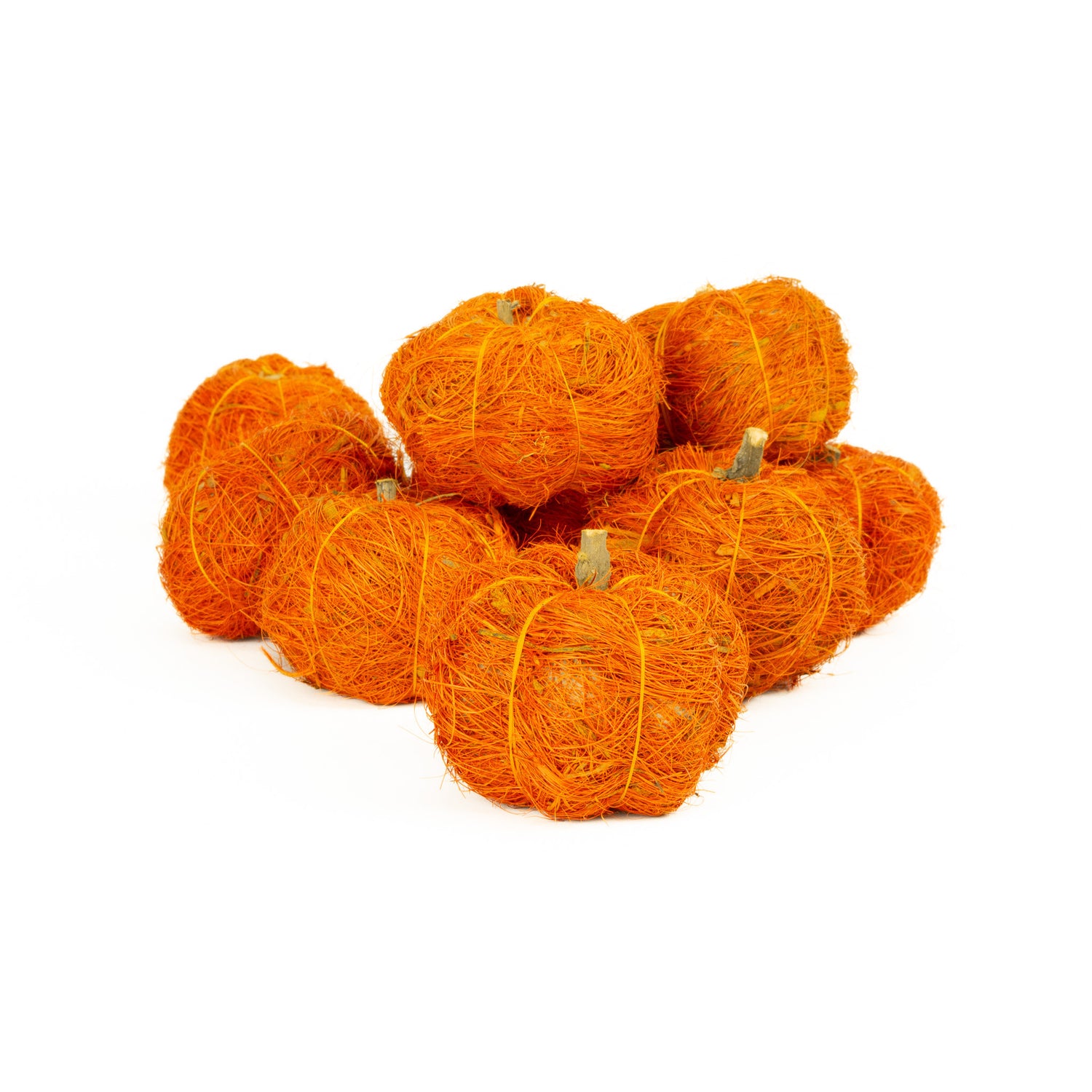 Group of orange coco fiber pumpkins stacked up