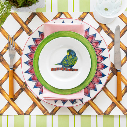 A plate with a bird on it from the Park Hill Calypso Dinnerware collection.