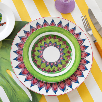 A plate with a bird on it from the Park Hill Calypso Dinnerware collection.