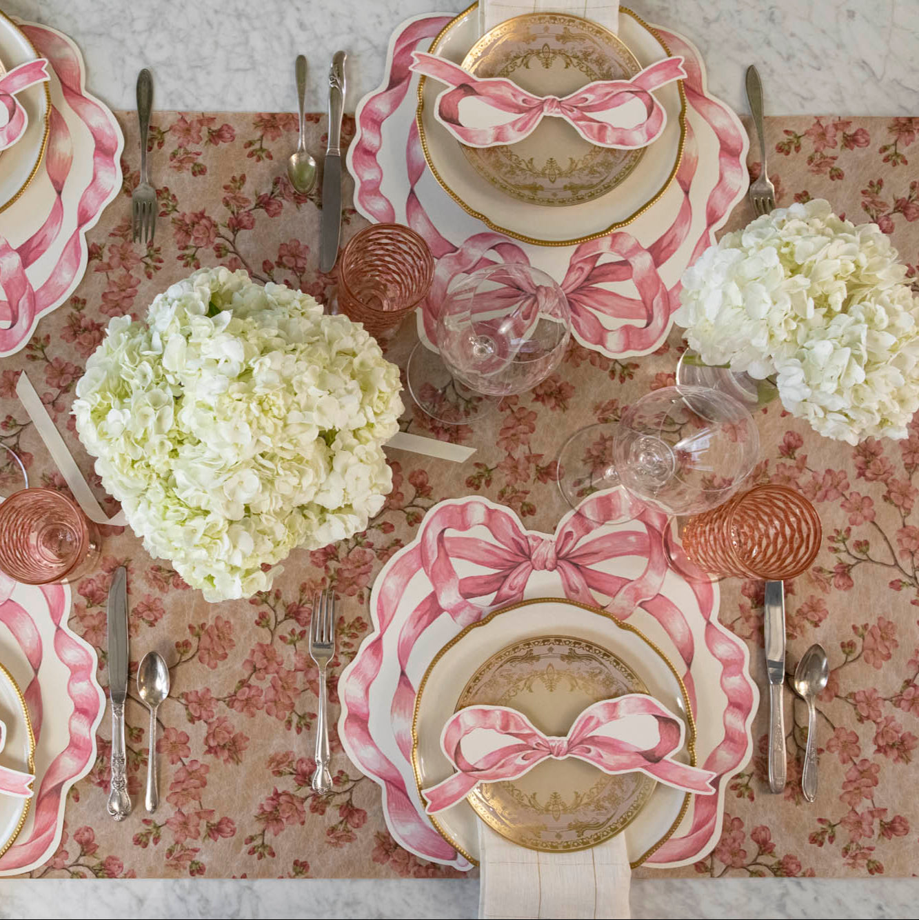 Pink Cherry Blossom Runner under a pink bow themed place setting.