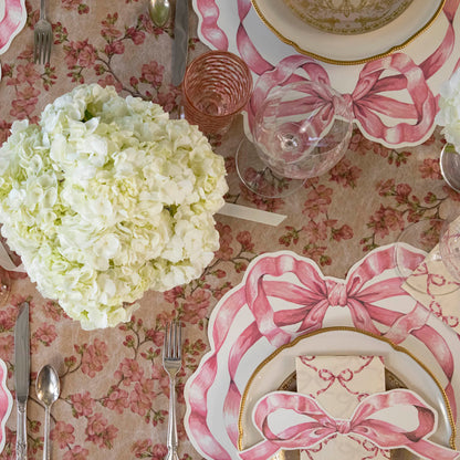 Pink Cherry Blossom Runner under a pink bow themed table setting.