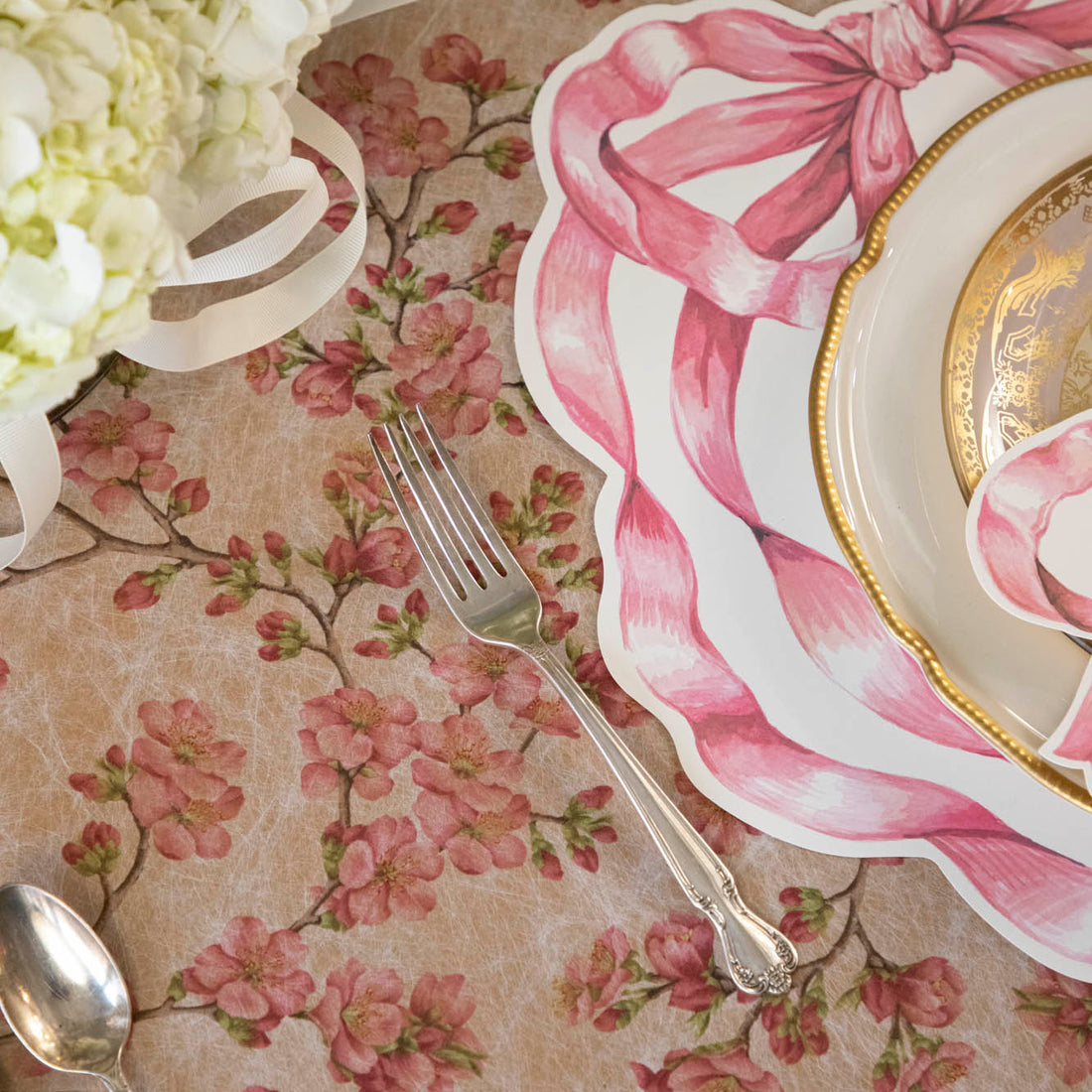 Pink Cherry Blossom Runner under a pink bow themed place setting.