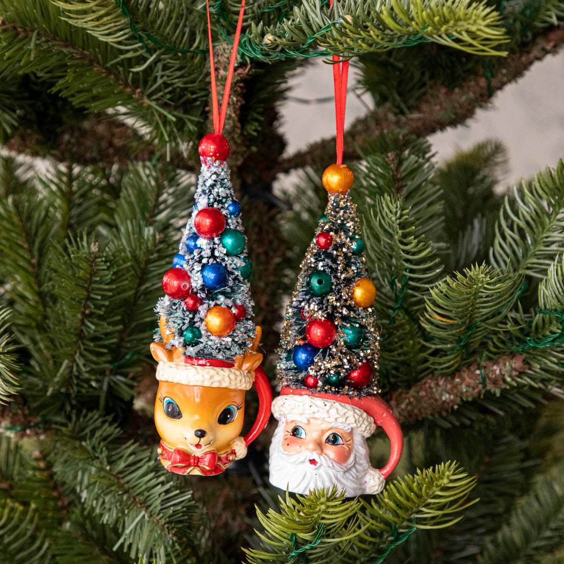 Retro Deer and Santa Mug with Sisal Tree Ornament