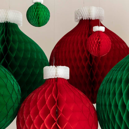 Various sized Honeycomb Classic Ornaments hanging from the ceiling.