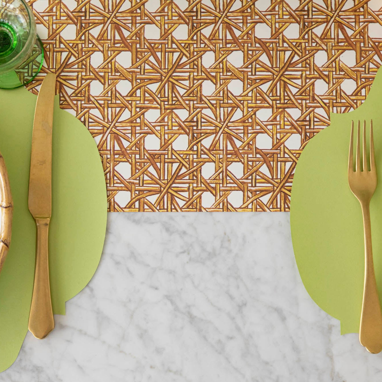 Rattan Weave Runner underneath the Die-cut Bright Green French Frame Placemat.