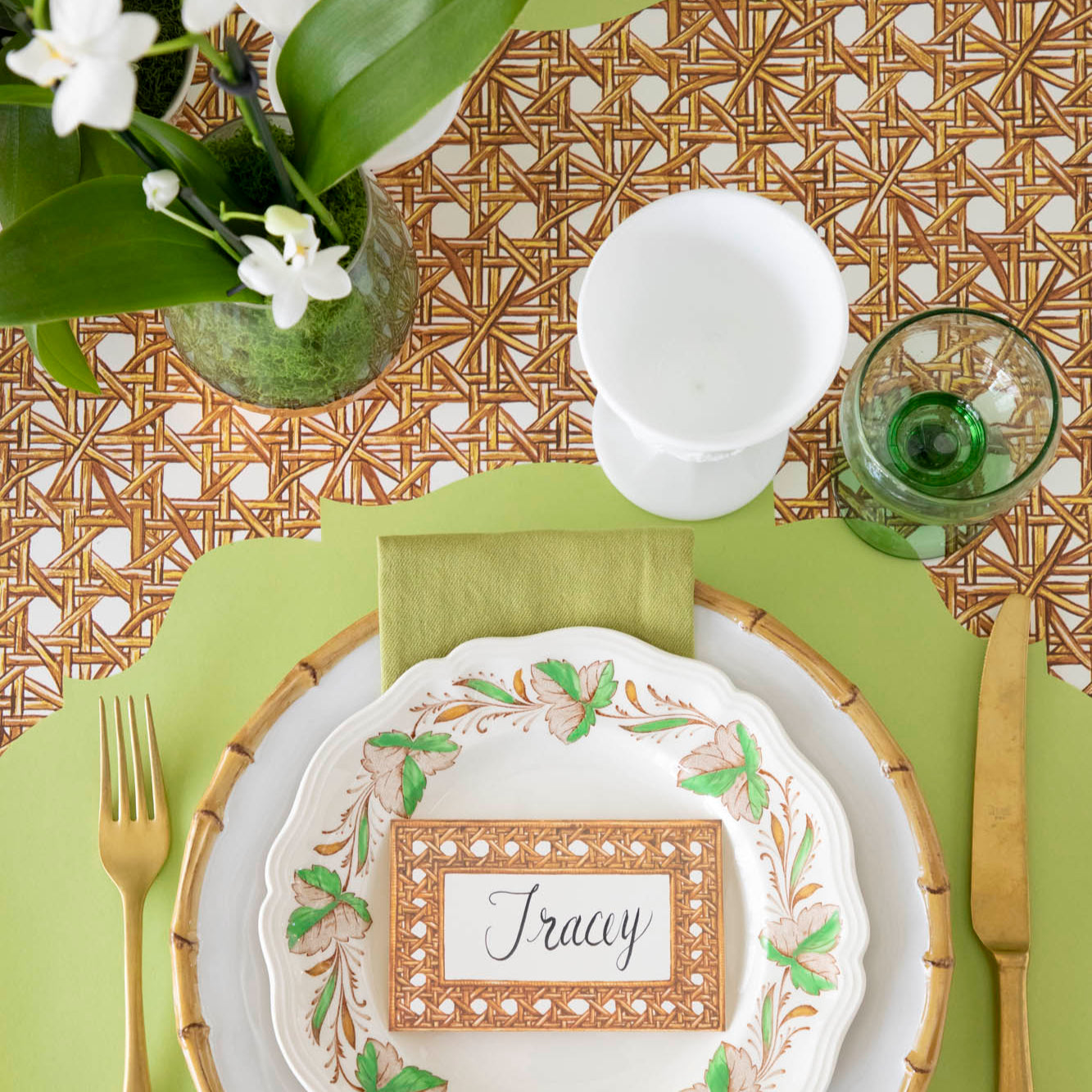 Rattan Weave Runner under an elegant place setting for one, with the Die-Cut Green French Frame Placemat on top.