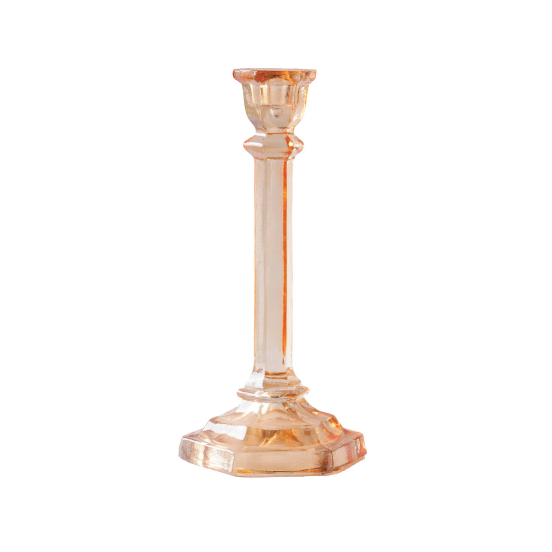 Recycled Glass Taper Holder in an amber color with an elongated middle and circular bottom.