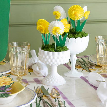 Small Honeycomb Daffodils Set of 3 in a vase with moss, on a daffodil themed table setting.