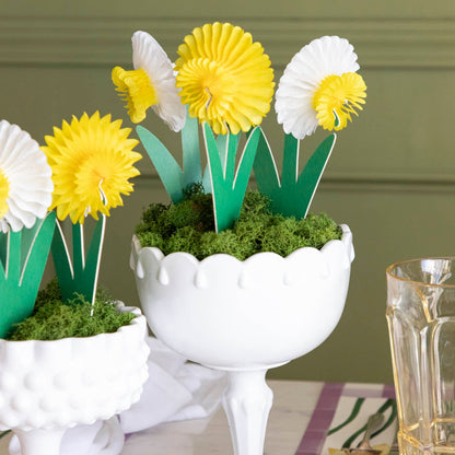 Small Honeycomb Daffodils Set of 3 in a vase with moss, on a daffodil themed table setting.