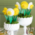 Small Honeycomb Daffodils Set of 3 in a vase with moss, on a daffodil themed table setting.