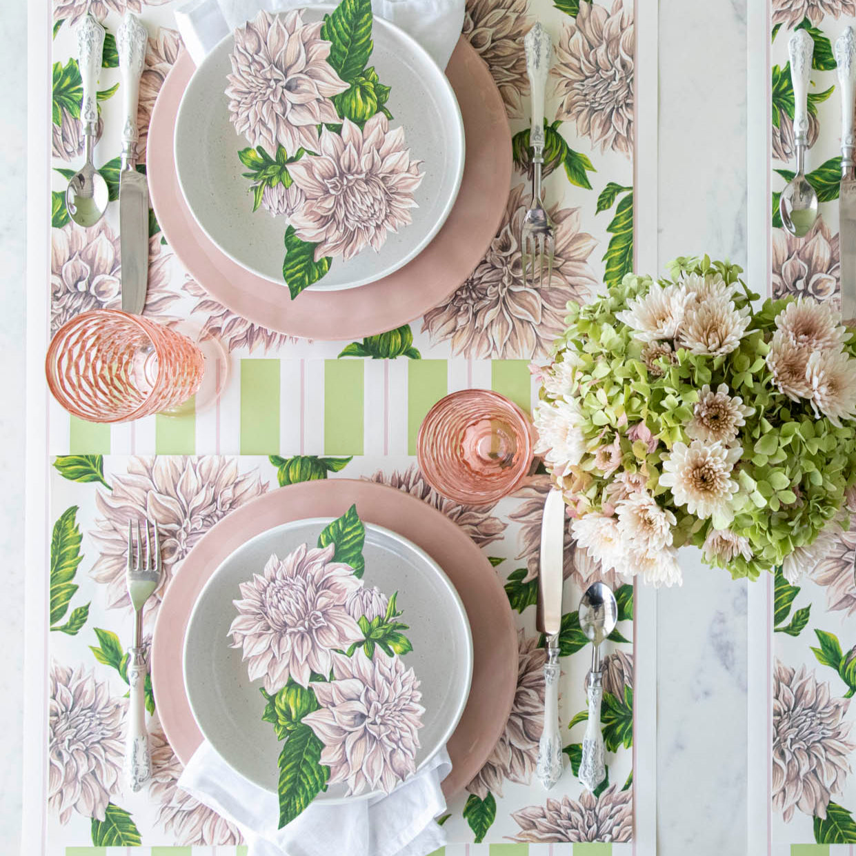 A floral table setting for two with the Delightful Dahlia&