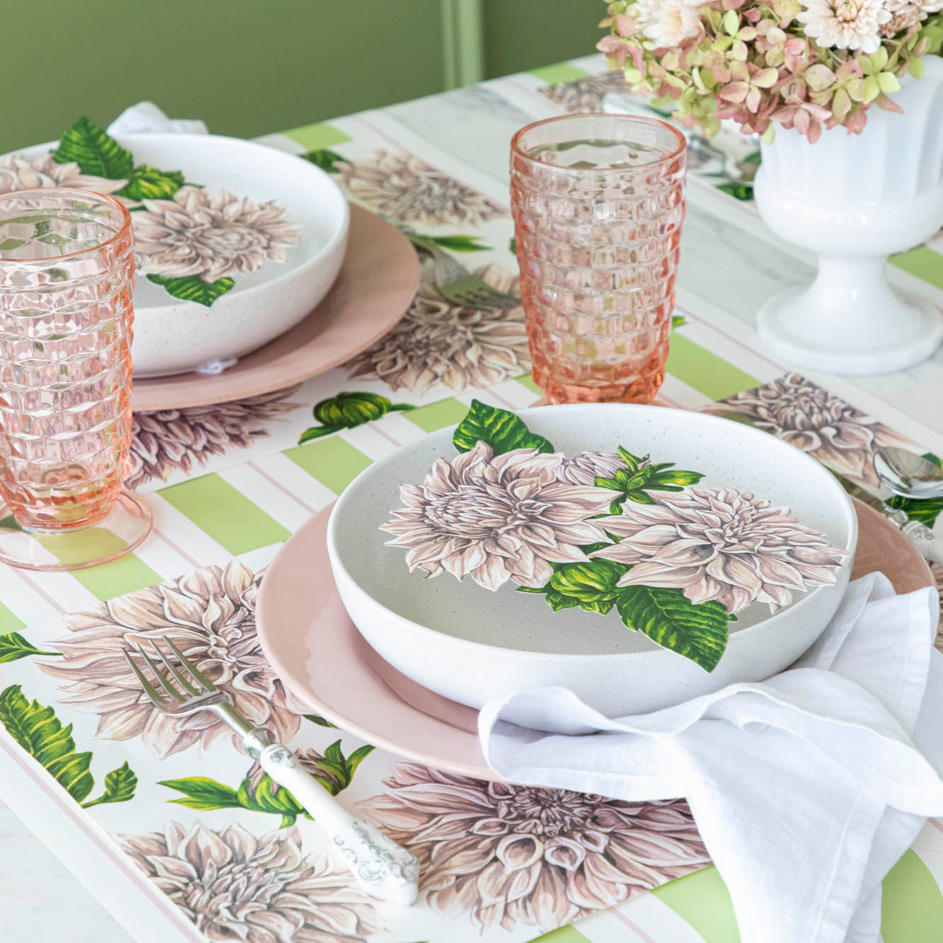 Delightful Dahlias Placemat under a place setting for one.