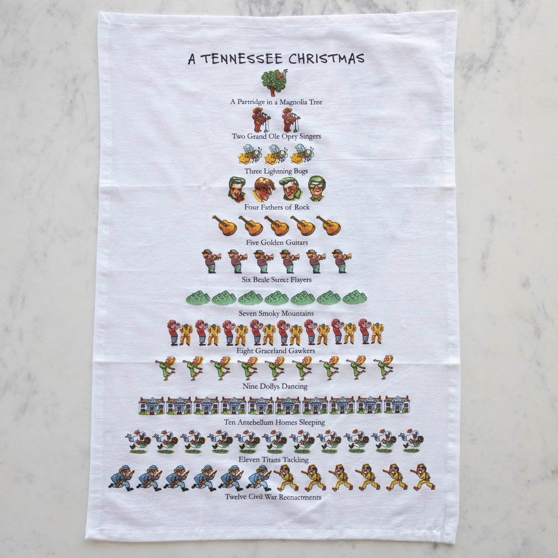 A Tennessee Christmas Tea Towel featuring the Twelve Days of Christmas in a Tennessee theme.