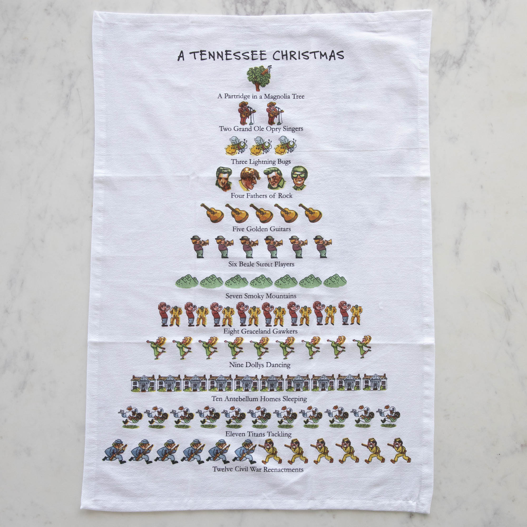 A Tennessee Christmas Tea Towel featuring the Twelve Days of Christmas in a Tennessee theme.