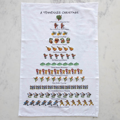 A Tennessee Christmas Tea Towel featuring the Twelve Days of Christmas in a Tennessee theme.