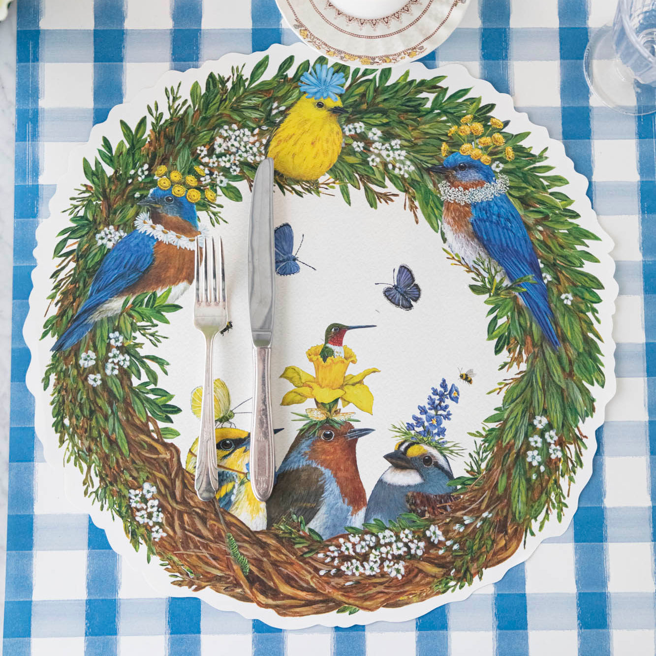 Songbird Wreath Placemat on the Blue Painted Check Runner.