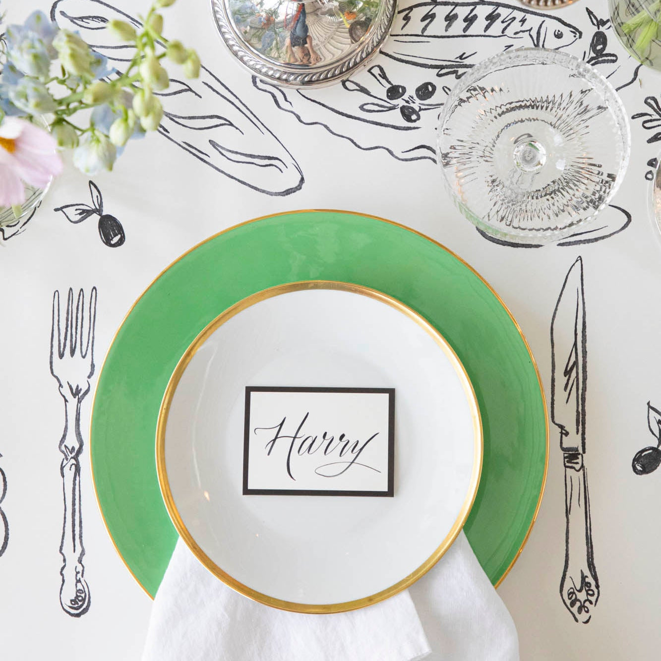 A colorful place setting with the Dinner Party Runner underneath.