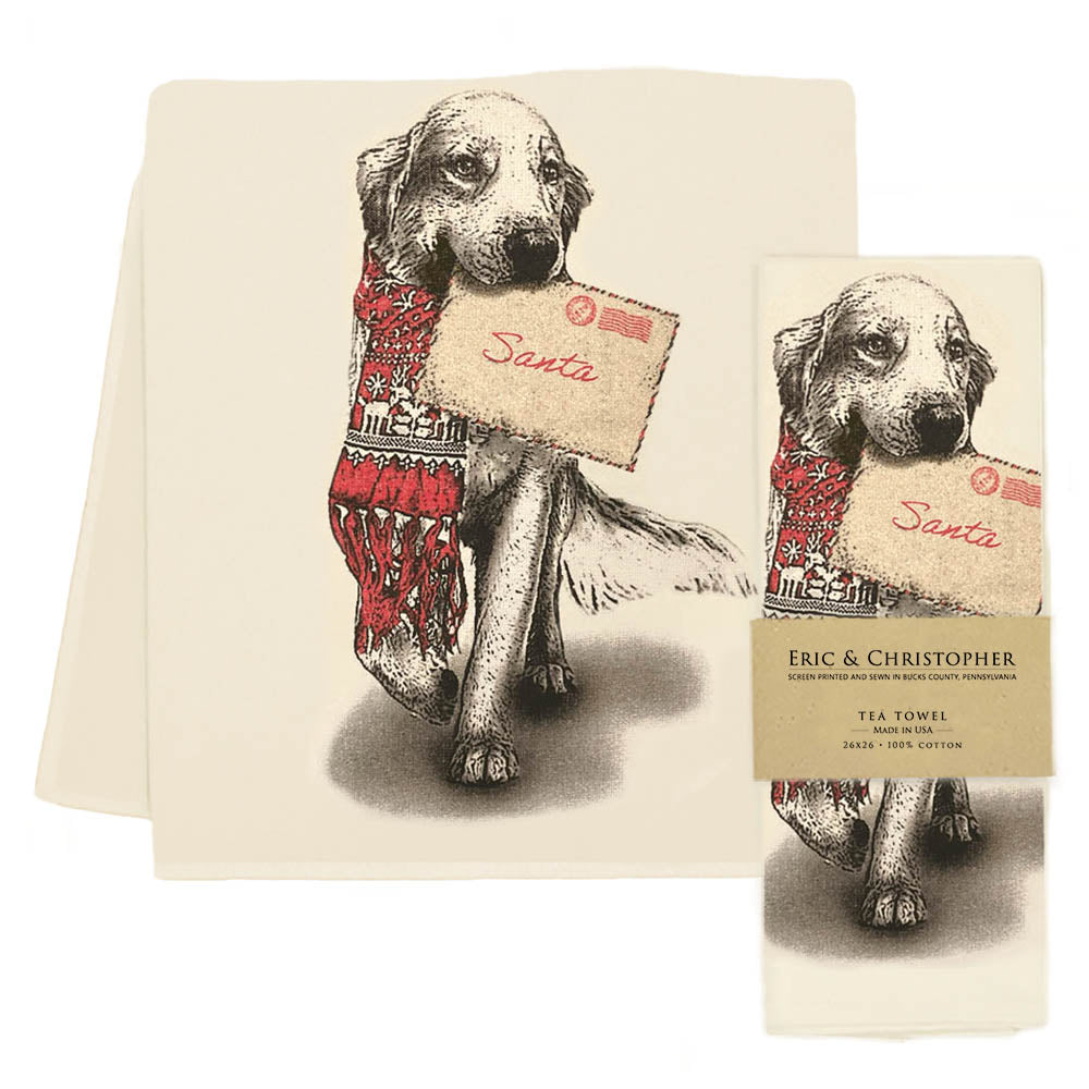 Tea Towel with a dog printed on it that is wearing a scarf and has a letter addressed to Santa in his mouth