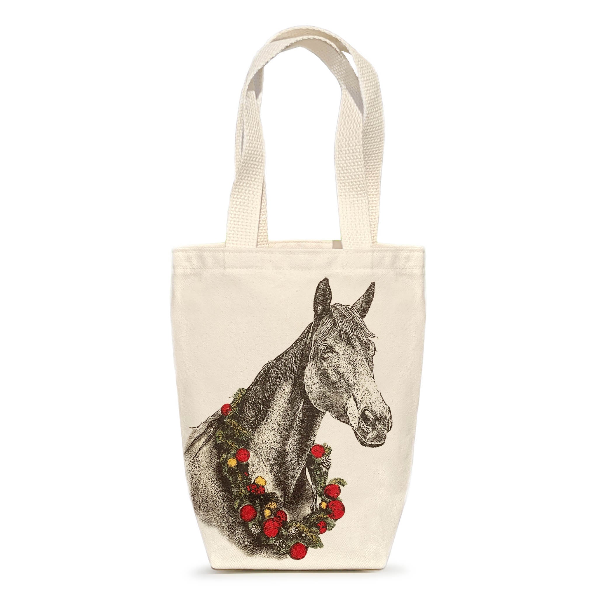 cavas tote bag with image of horse with a wreath around its neck