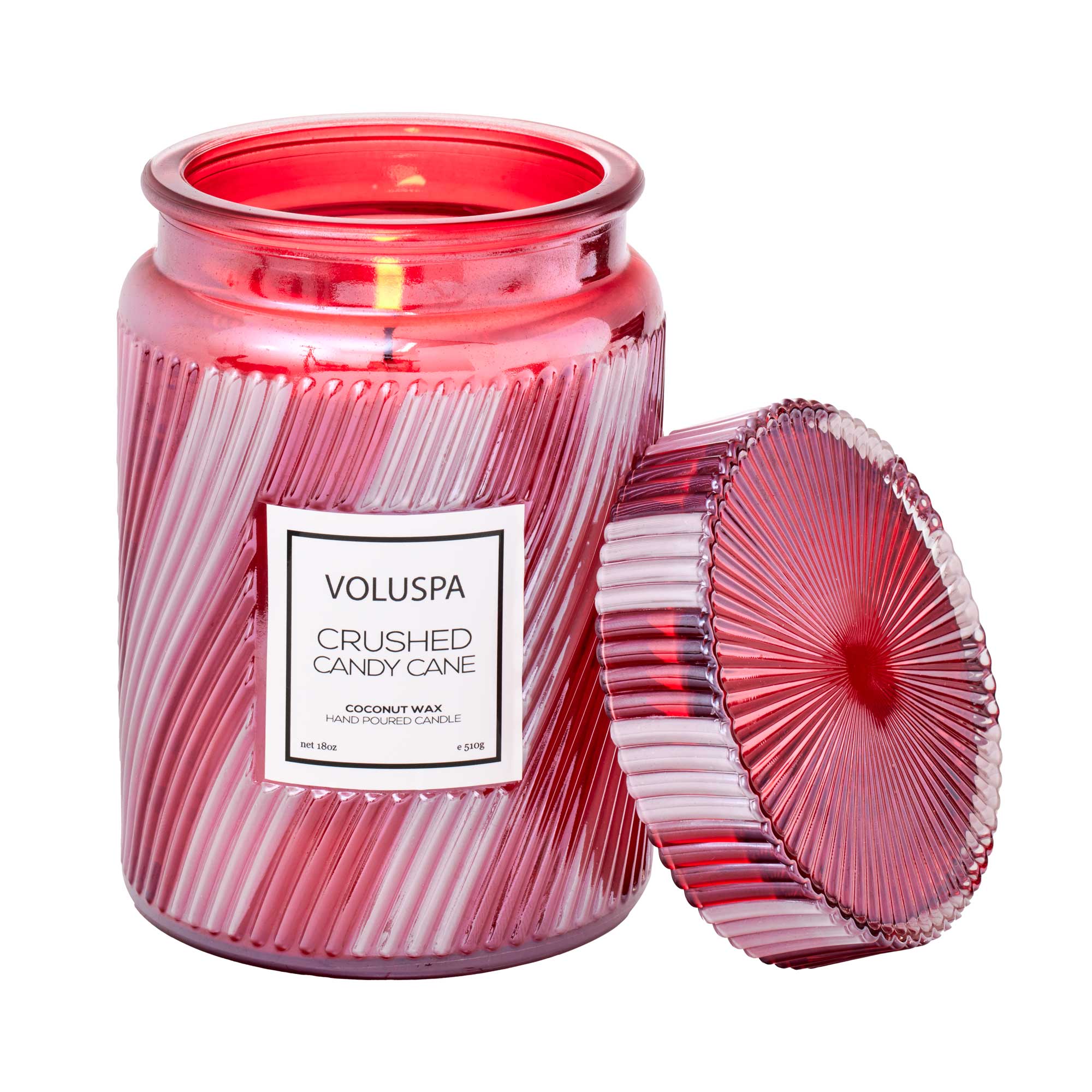 Red and white candy striped glass candle in 18oz. size