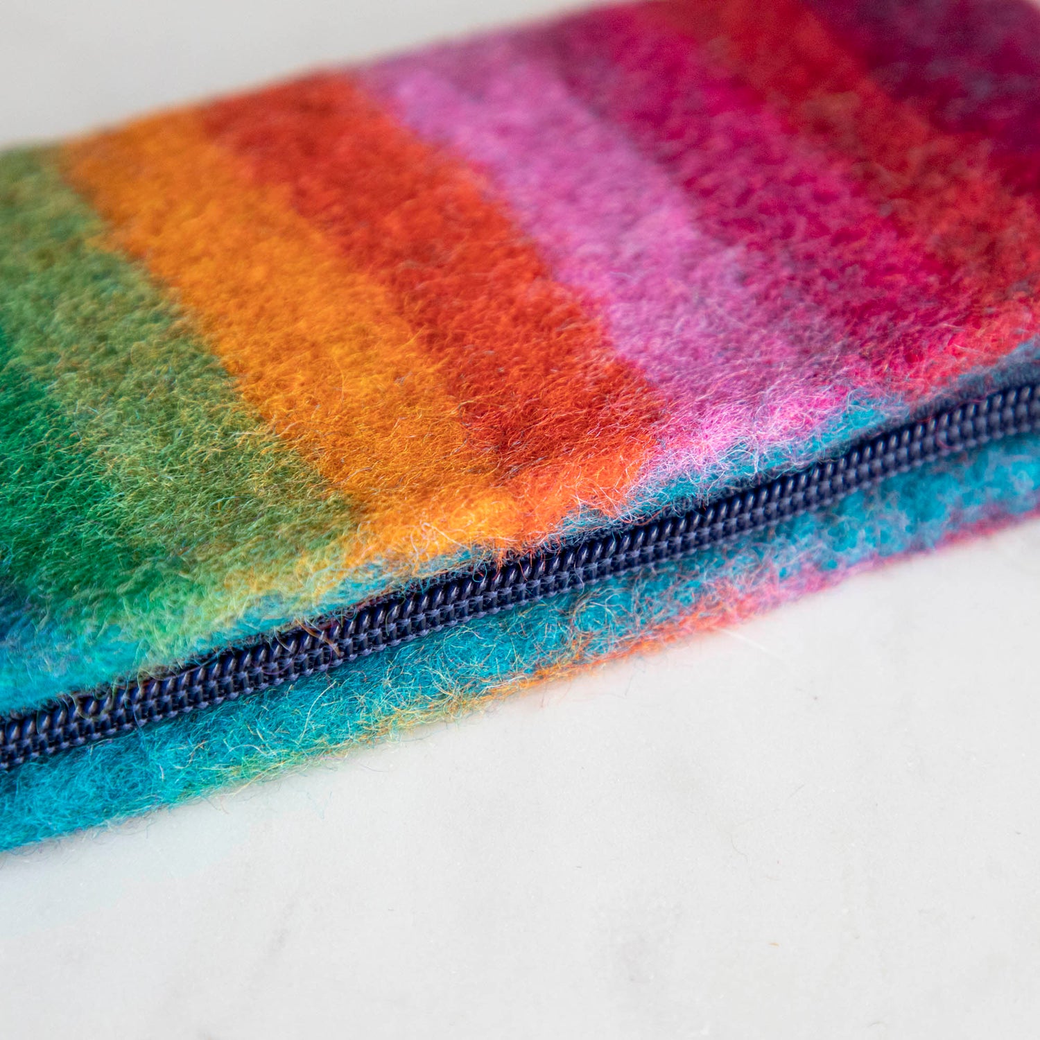 A close up of the Felt Rainbow Zipper pouch zipper.