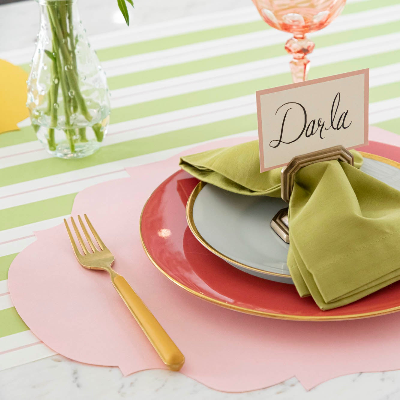 Die-cut Pink French Frame Placemat styled on a spring themed table.