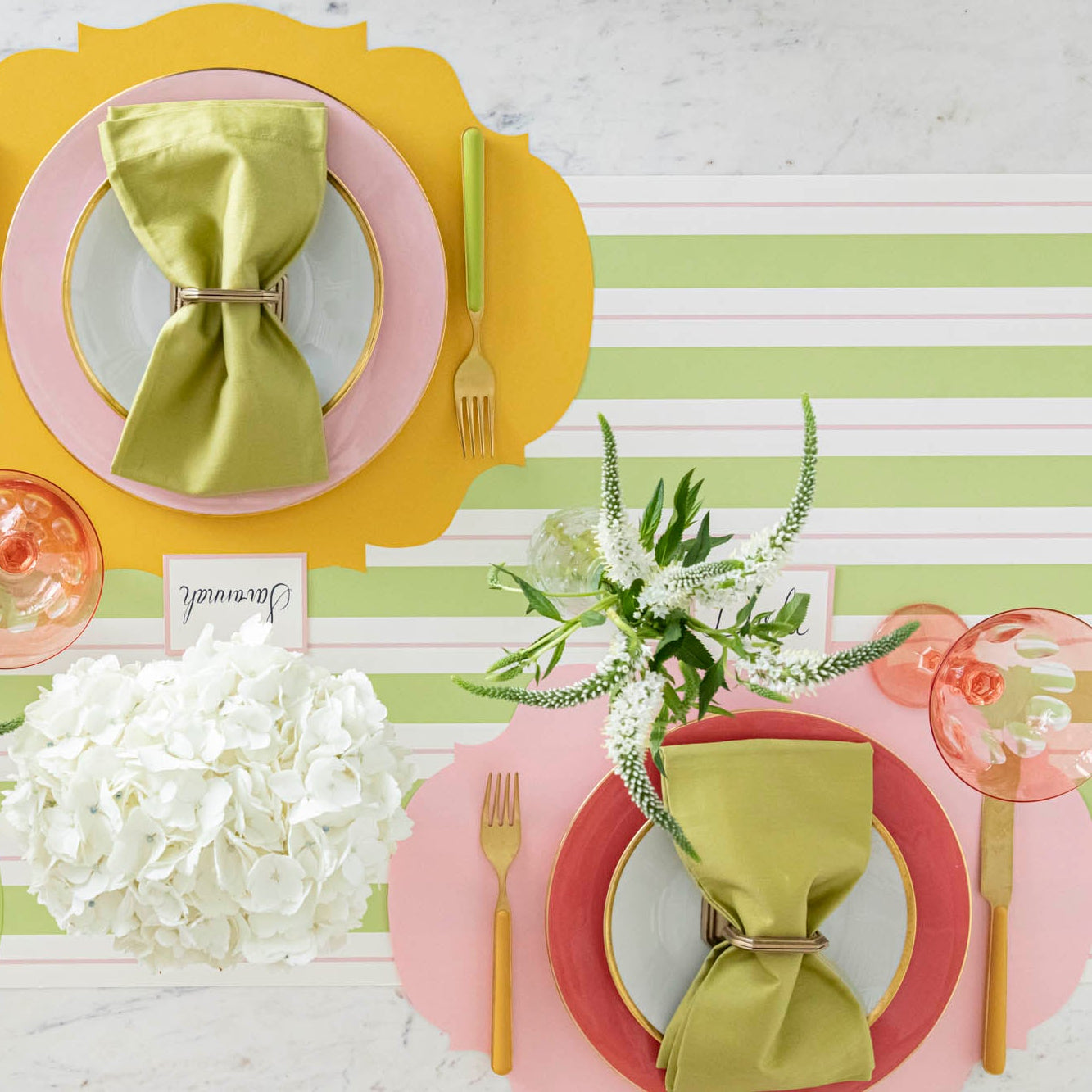 Die-cut Pink French Frame Placemat styled on a spring themed table.