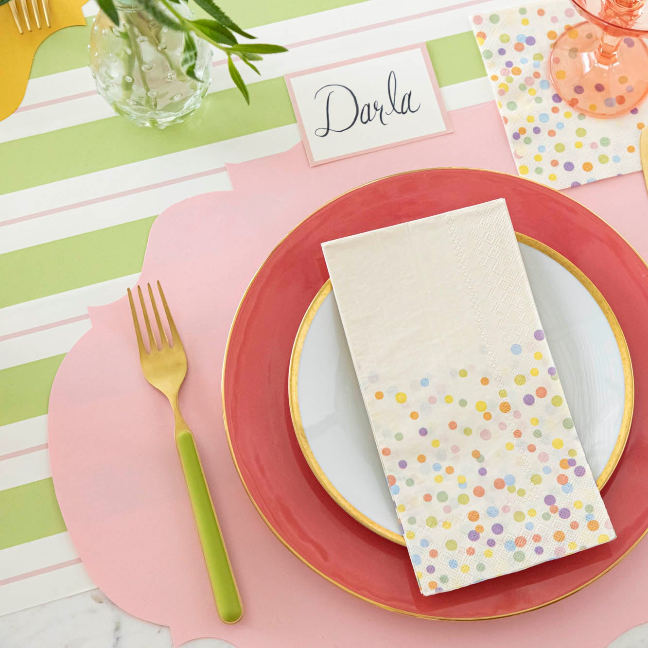 Die-cut Pink French Frame Placemat styled on a spring themed table.