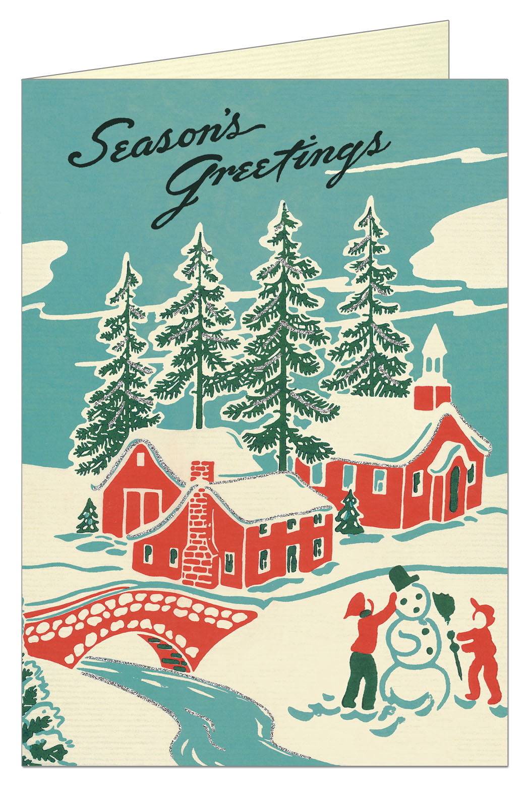 Front of card showing rural scene with children making a snowman and red home and church with trees in background. 