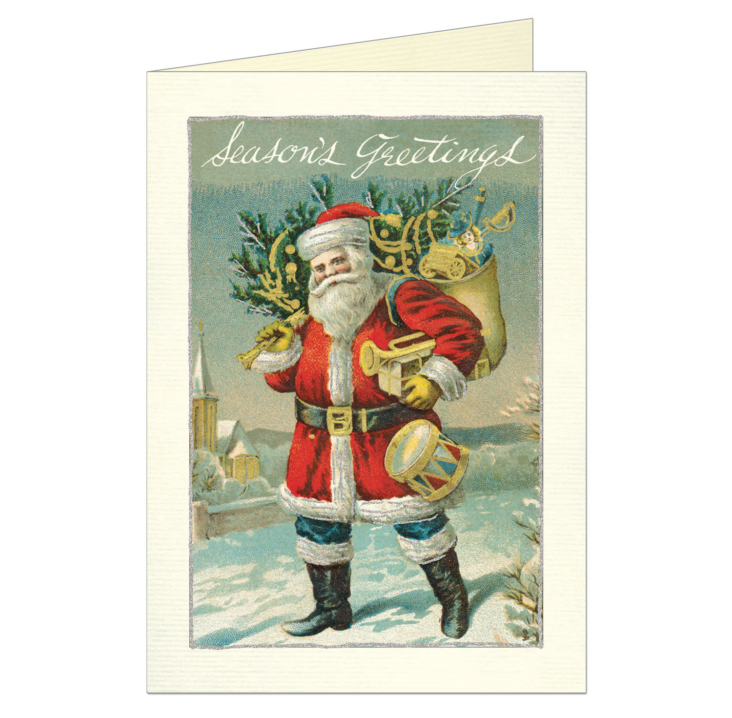 Card with vintage image of Santa Claus holding a Christmas tree on one shoulder and carrying his bag full of toys over the other shoulder and &quot;Season&